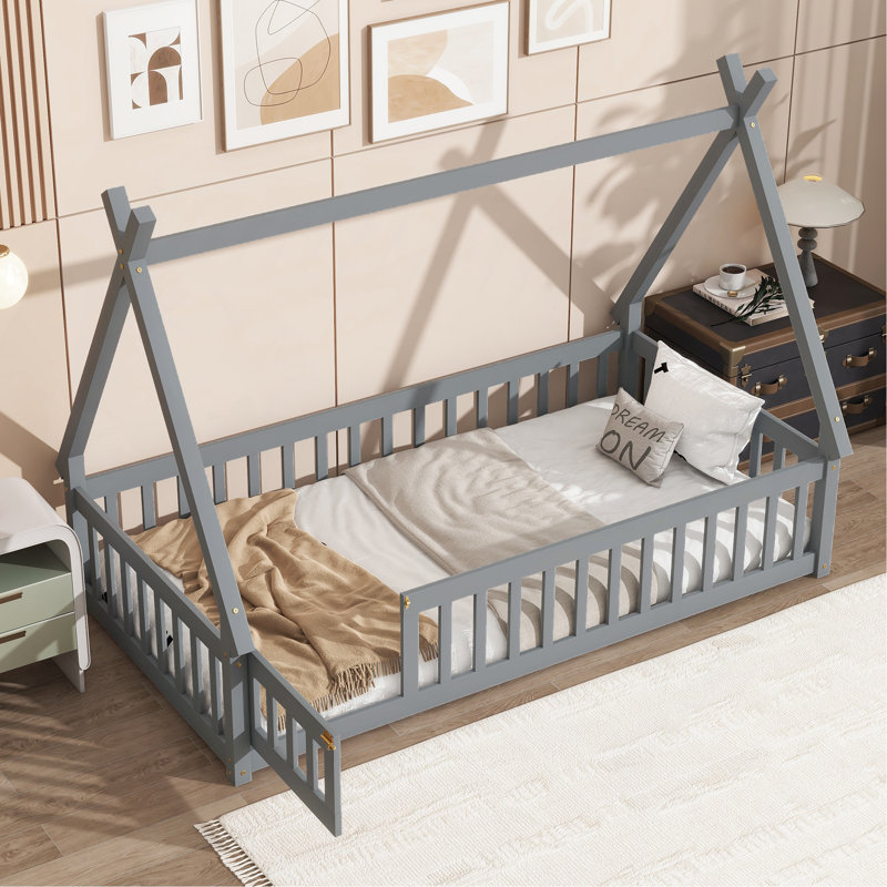 Lit simple en forme de tente, lit tipi avec garde-corps, lattes et porte, Gray