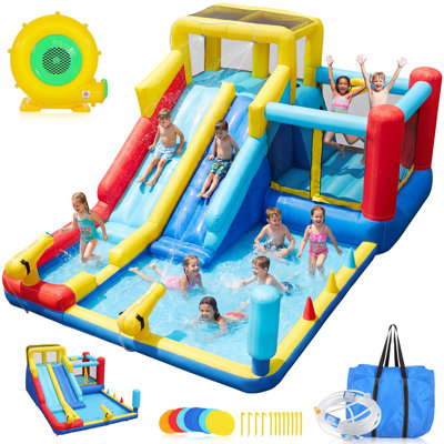Adam 12X9.5FT Bounce House For Kids 3-10, Inflatable Bouncy House Water Park With Blower, 2 Racing Slides, Water Cannon, Ball Pit Pool, Wet/Dry Use, Jump Castle With Water Slide For Indoor Outdoor Backyard