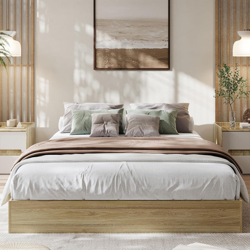 California King Wood Platform Bed Frame with Wooden Slats, Floor Standing, Minimalist Design, California King, Beige