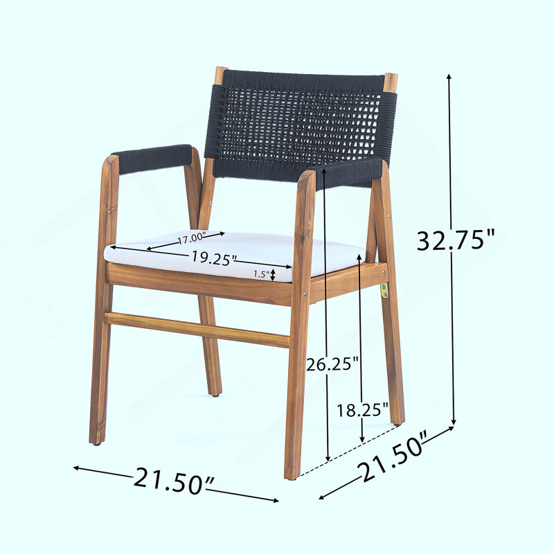 Ensemble de 2 fauteuils de salle à manger d'extérieur en bois avec coussin, Noir; teck