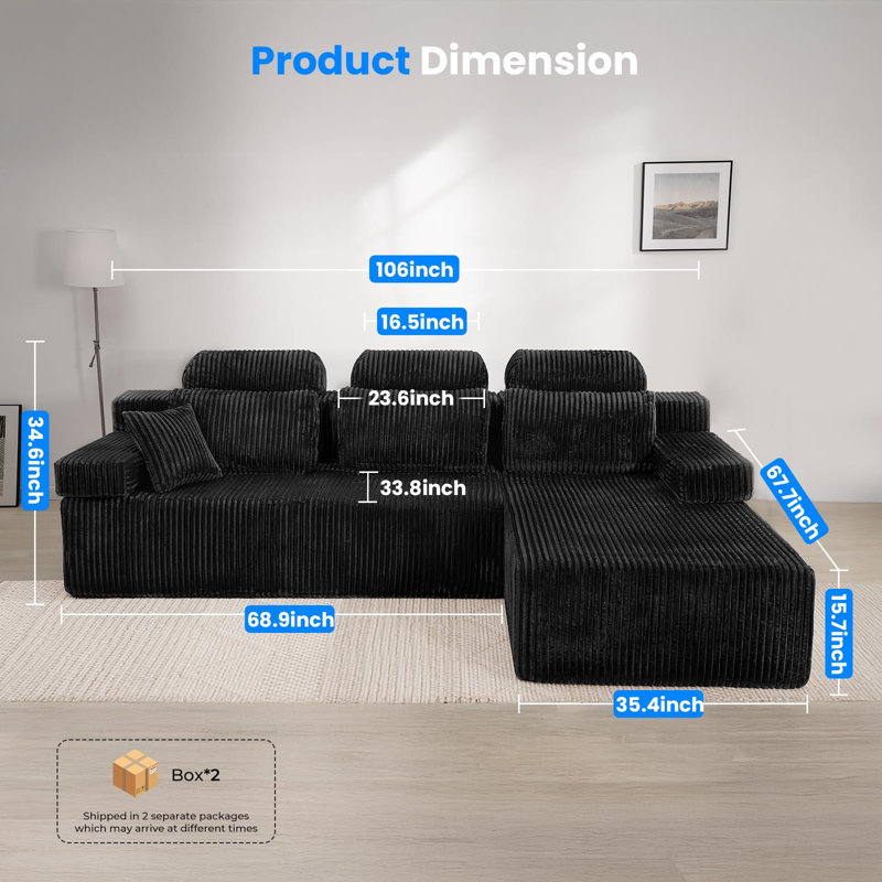 270cm Corner Sofa with High Backrest, Corduroy Boneless Couch, L Shaped Sofa with Reversible Chaise for Left or Right, 85cm Deep Seat, 3 Seater Modular Sofas for Living Room