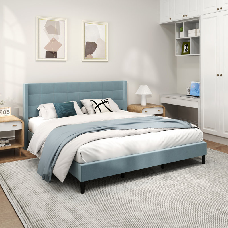 75.9'' W King Size Upholstered Platform Bed with Velvet Fabric & Square Tufted Headboard, Blue, King