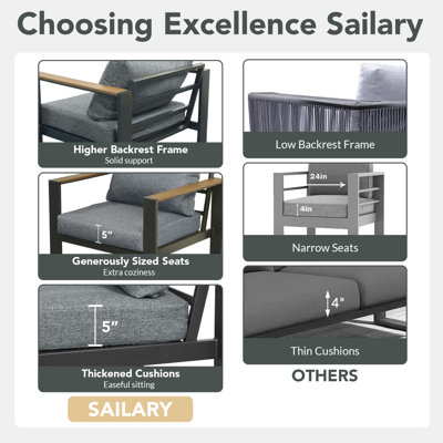 Ensemble de conversation d'extérieur en aluminium 4 pièces avec table basse, canapé modulaire à assise profonde et coussins lavables 5 places, gris