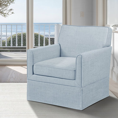 Fauteuil à housse bleue, design intemporel avec base à jupe, convient au salon, à la chambre à coucher, aux pieds en bois massif de lecture, à la structure en contreplaqué, au coussin en mousse haute et au siège amovible