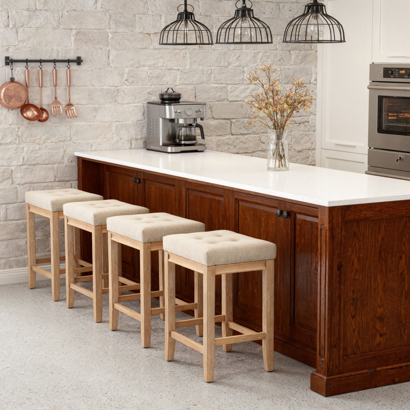 24" Hand-Brushed Wood Backless Counter Height Bar Stools Mid-Century Farmhouse Short Stools, Khaki, 3