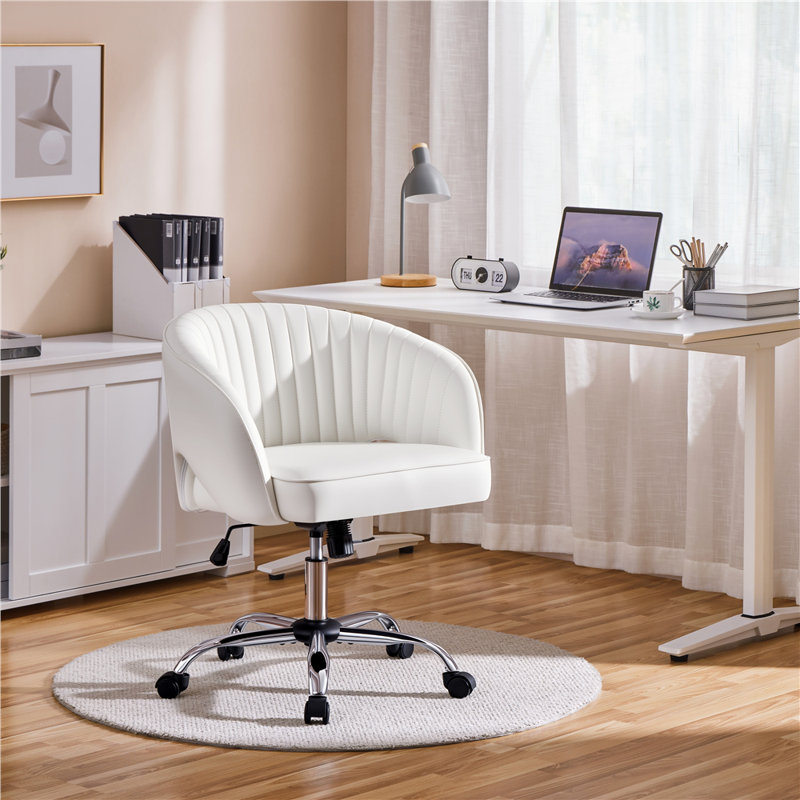 Swivel Office Task Chair with Adjustable Height and Padded Cushion, Faux Leather Cream