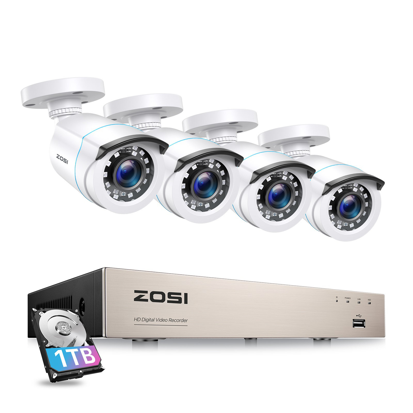 ZOSI 8CH DVR Security Camera System 4 pcs 1080P Outdoor with 80ft Night