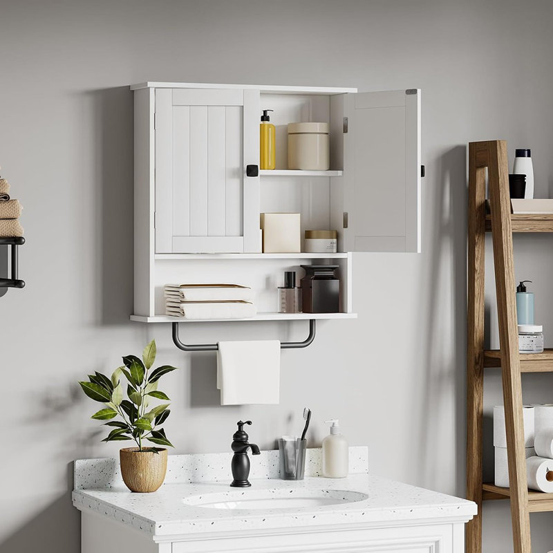 Armoire murale de salle de bain avec barre à serviettes, armoire à pharmacie au-dessus de la toilette avec 2 portes et tablette réglable, rangement blanc