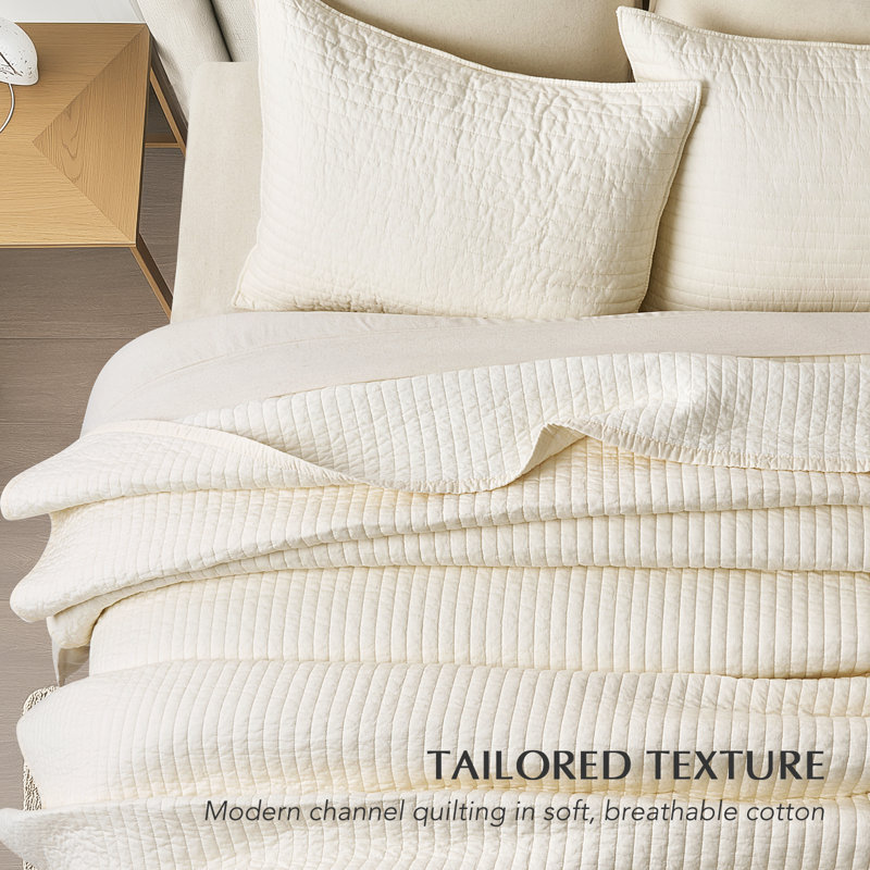 Cotton Sateen Channel Stitch Quilt Set, Ivory White, Queen Quilt + 2 Queen Shams