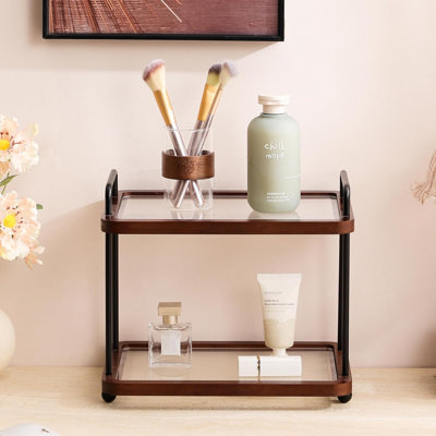 Organisateur de comptoir de salle de bain à 2 niveaux avec tablettes en acrylique à rayures transparentes, structure en bois et support en métal