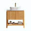 Meuble-lavabo de salle de bain, armoire de rangement autoportante en contreplaqué avec 2 portes en bambou texturé et tablette ouverte, lavabo en céramique à motif marbré et plateau en pierre frittée blanc de Carrare