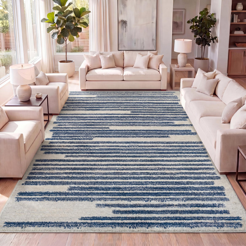Baumgardner Modern Berber Stripe Cream/Navy Rug, Rectangle 3' x 5'