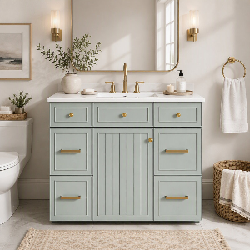 Meuble-lavabo 36 po avec lavabo en céramique, cadre en bois massif vert, portes à fermeture douce, tablettes réglables, 3 tiroirs, y compris un tiroir à double profondeur pour le rangement du sèche-cheveux