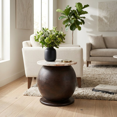 Table d'appoint ronde moderne avec plateau en marbre pour salon - Table d'appoint sculpturale en bois de manguier, profil étroit, idéale pour la chambre - 40,6 cm, brun et beige