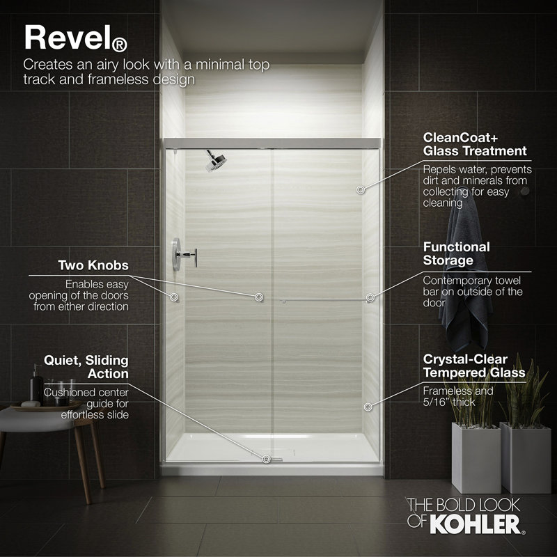 Revel 59.63" x 70" Double Sliding Shower Door with CleanCoat® Technology, Bright Polished Silver, Crystal Clear