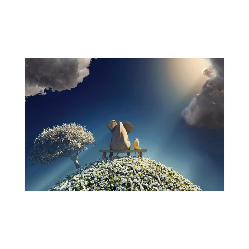 Elephant And Dog Sitting On A Spring Planet by Mike Kiev - Print on Canvas, 101.6 cm H x 66.04 cm W x 1.91 cm D