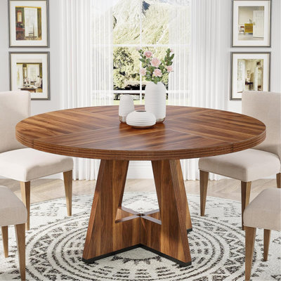 47" Round Farmhouse Dining Table – Rustic Brown Wood Kitchen Table For 4, Cross Base Wooden Dinner Table For Dining Room, Breakfast Nook, Or Living Area