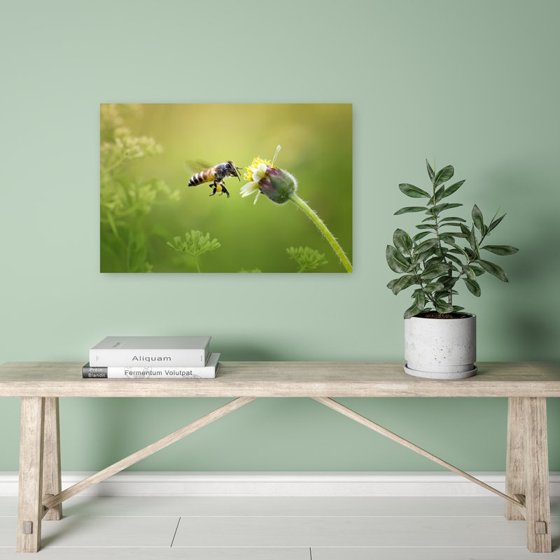 Abeille près d'une fleur - Illustration murale délicate et vibrante représentant une abeille et une fleur., 16" H x 24" W