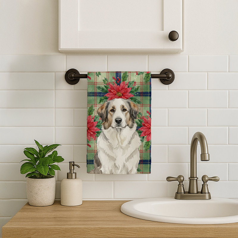 Badger Great Pyrenees Christmas PoinsettIas Kitchen Towel, Badger Great Pyrenees