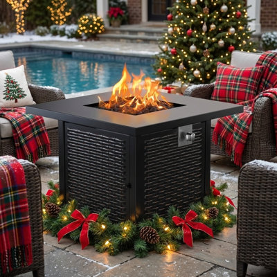 Outdoor Fire Pit Outsunny 34 Inch Outdoor Propane Table, 50,000 BTU Auto Ignition Square Wicker Effect Gas Firepit With Glass Wind Guard Lid Lava Rocks Steel Base Csa Certification Black Gas Fire Pit