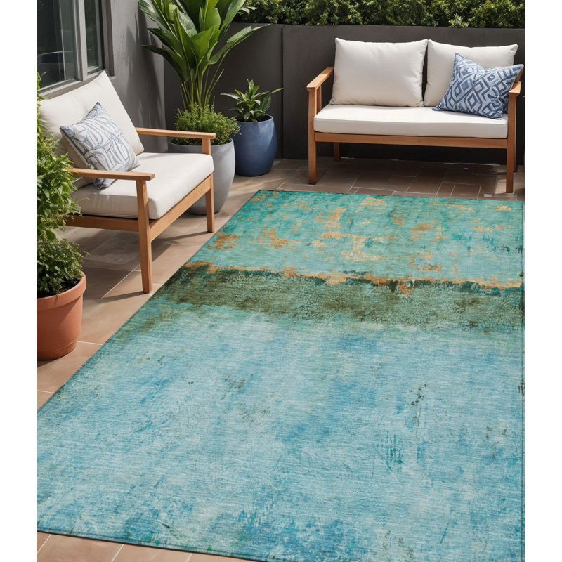 Tapis extérieur bleu sarcelle lavable abstrait 5 pi x 8 pi