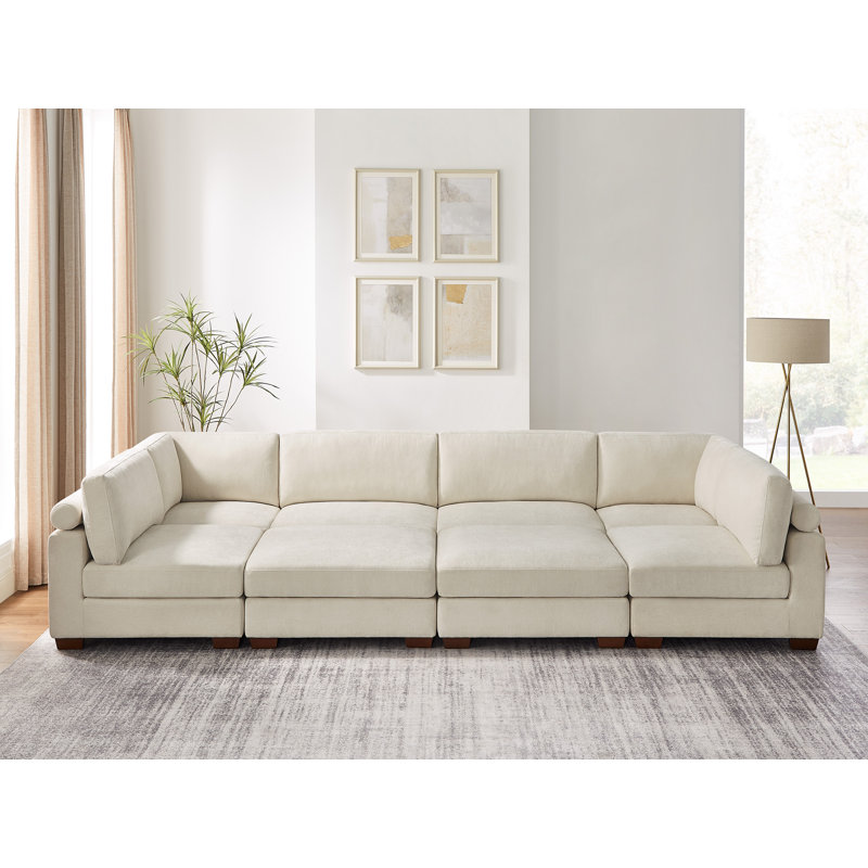 8-Piece Modular Upholstered Sectional Couch With Ottomans, Beige Polyester