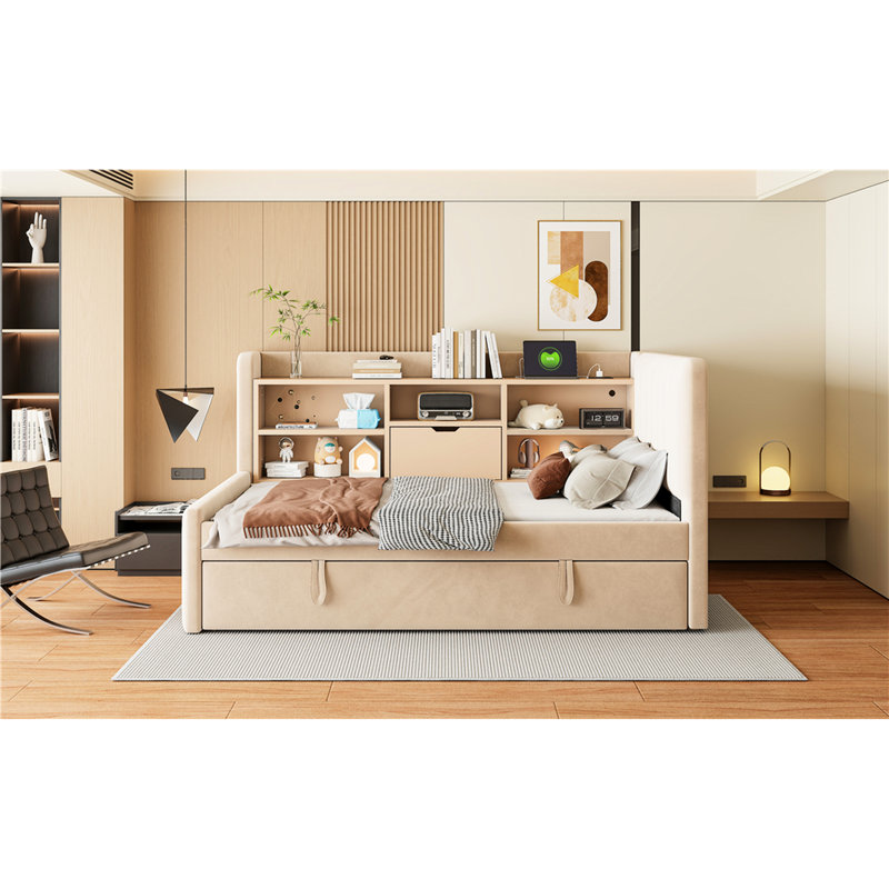 Beige Twin Upholstered Daybed With Trundle, Multiple Storage Solutions, Ports For Modern Bedrooms Velvet Pull - Up On And Power Outlet Convenient Charging