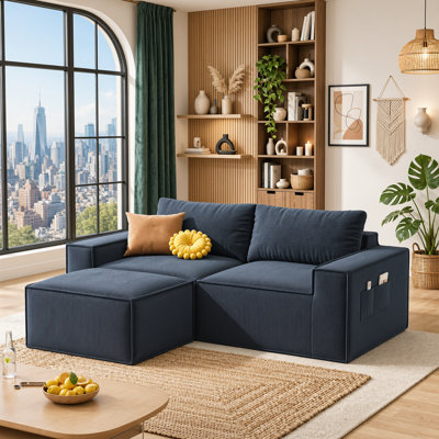 80" W Corduroy L-Shaped Sectional with Deep Seats ,For Living Room