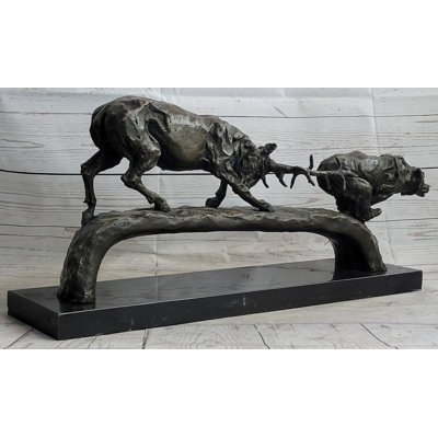 Elk Reindeer Caribou Vs. Bear Bronze Sculpture Statue Wildlife Original Art Decor