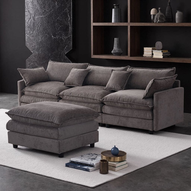 105" Modular L-Shape Sectional with Ottoman, Soft Chenille Fabric, 3-Seat, Gray
