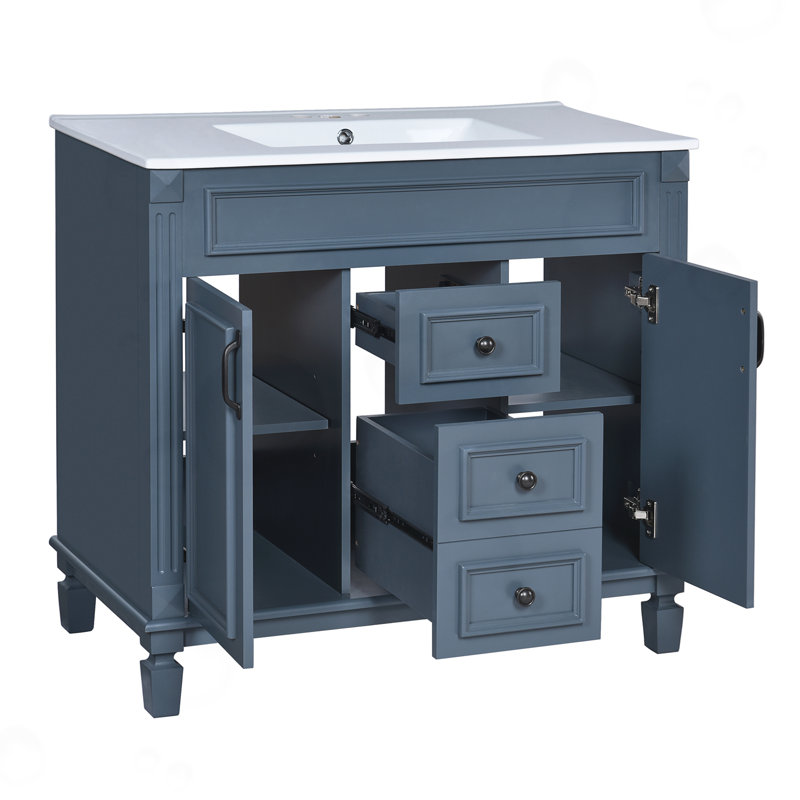 Meuble-lavabo de salle de bain avec 2 portes et 2 tiroirs, Bleu