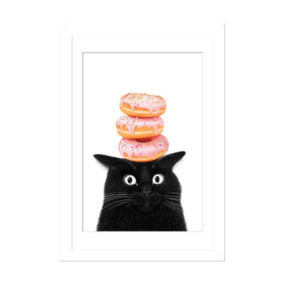 «Black Cat With Donuts», reproduction d'art sur papier encadré