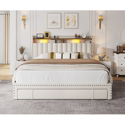 Upholstered Bed Frame With Adjustable Headboard,platform Storage Bed With 3 Drawers And Led Light