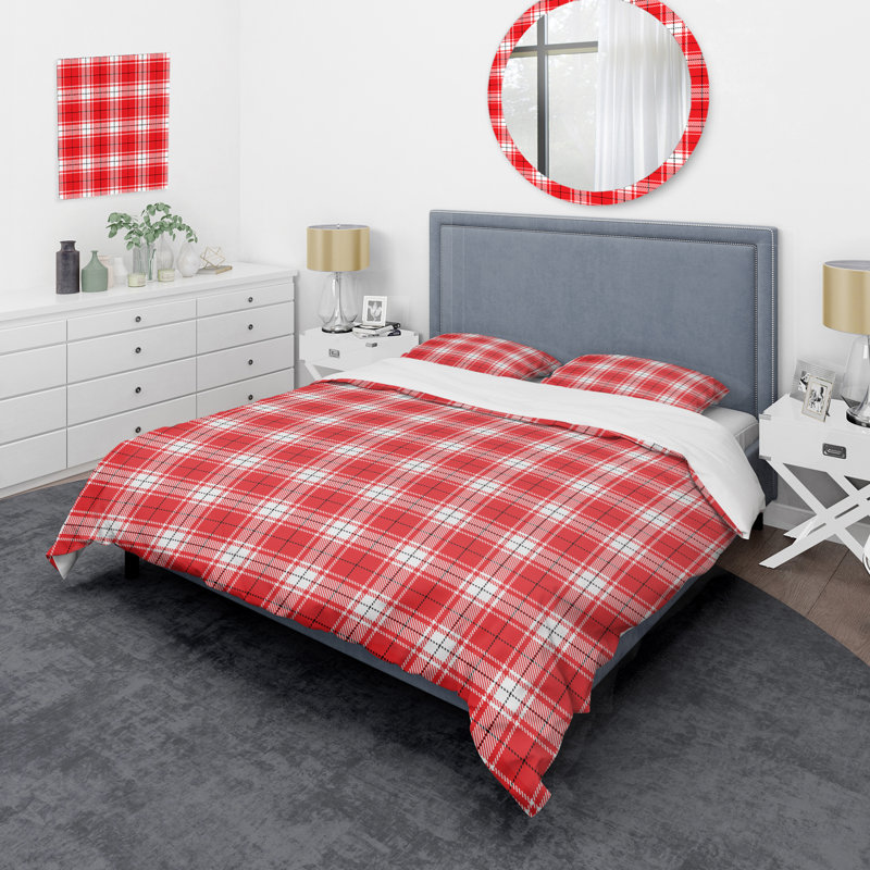 Tartan à carreaux rouge et blanc - Ensemble de housse de couette abstrait - Microfibre de polyester