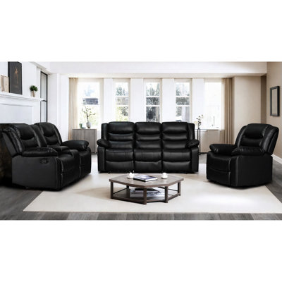 Ensemble de canapé inclinable manuel moderne Emlin, ensemble de canapé inclinable en similicuir pour le salon, ensemble inclinable 3 pièces avec causeuse, console et porte-gobelets