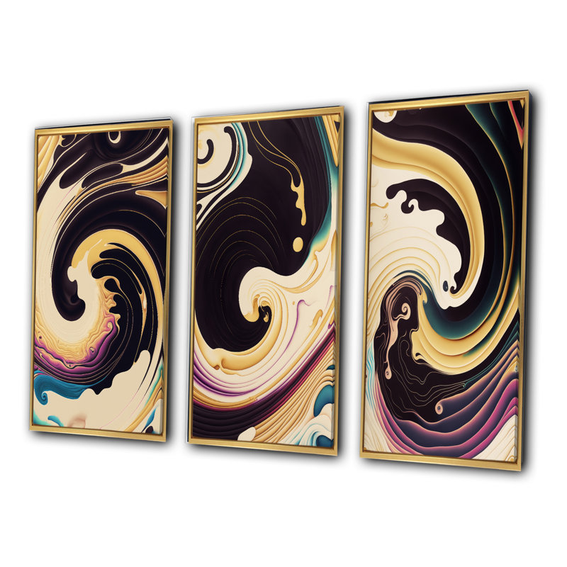«Mauve, or et tourbillon bleu», 3 pièces sur toile, Or, H 32 po x l 48 po