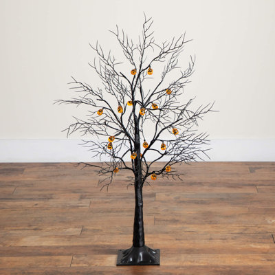 Pre-Lit Artificial Halloween Black Twig Tree With 18 Orange LED Pumpkin Shaped Lights