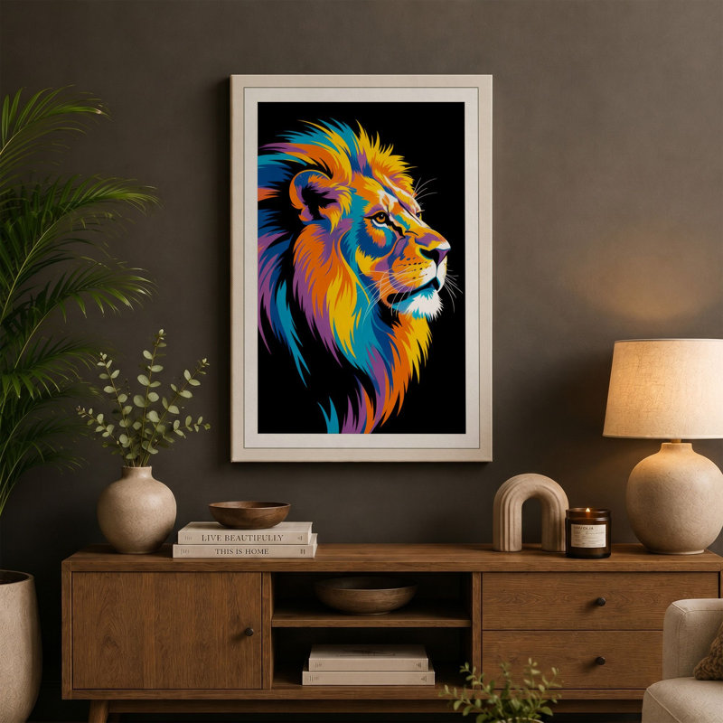 Bold Lion Head Modern 1 Piece Wrapped Canvas Wall Art, 30x20 - 76.2 x 50.8 cm, Taupe Border