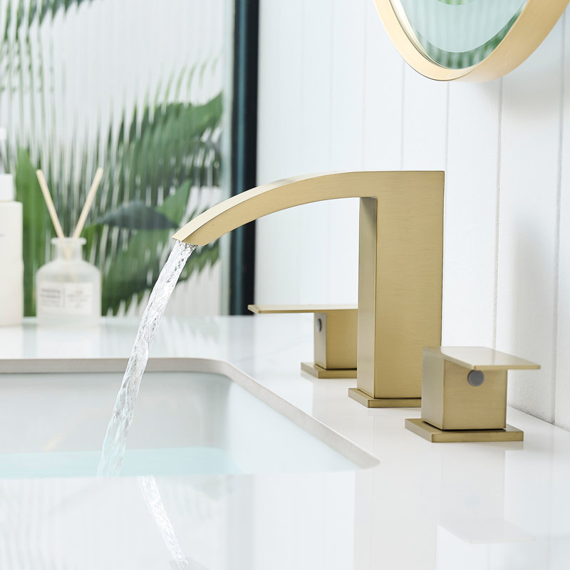 8 Inch Widespread 3 Hole Bathroom Faucet, Stainless Steel, Gold Finish, Double Lever Design, Manual Operation Steel Sink Operation, Side
