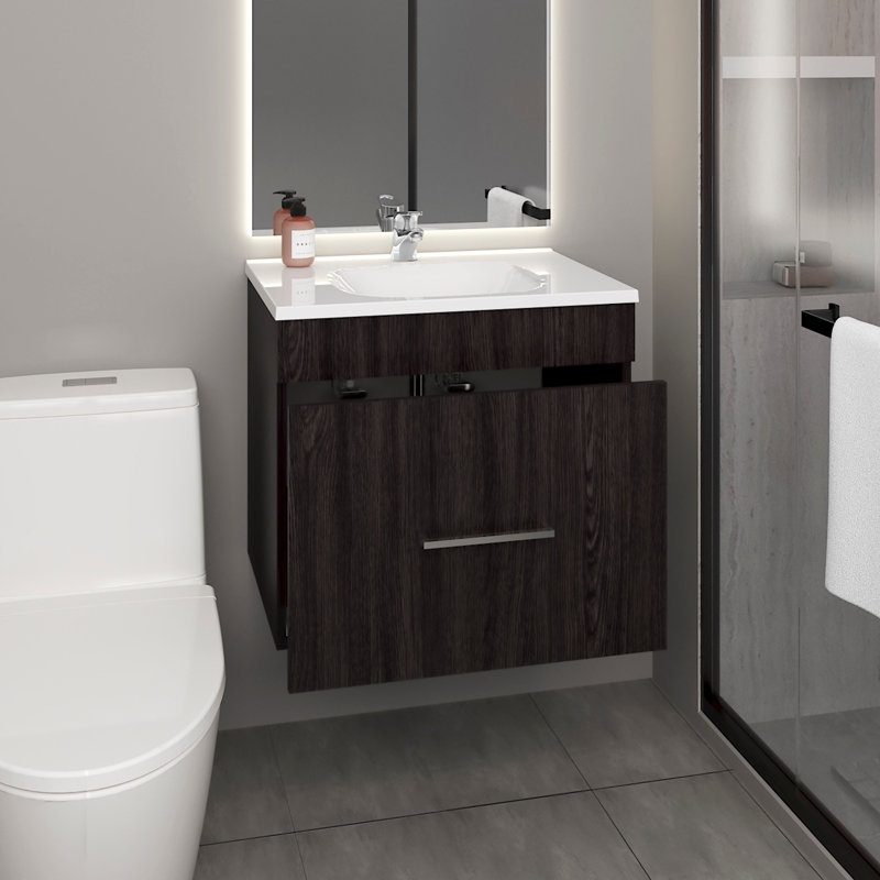 Meuble-lavabo flottant avec un tiroir large et lavabo en résine Hatta, rangement mural et lavabo moderne