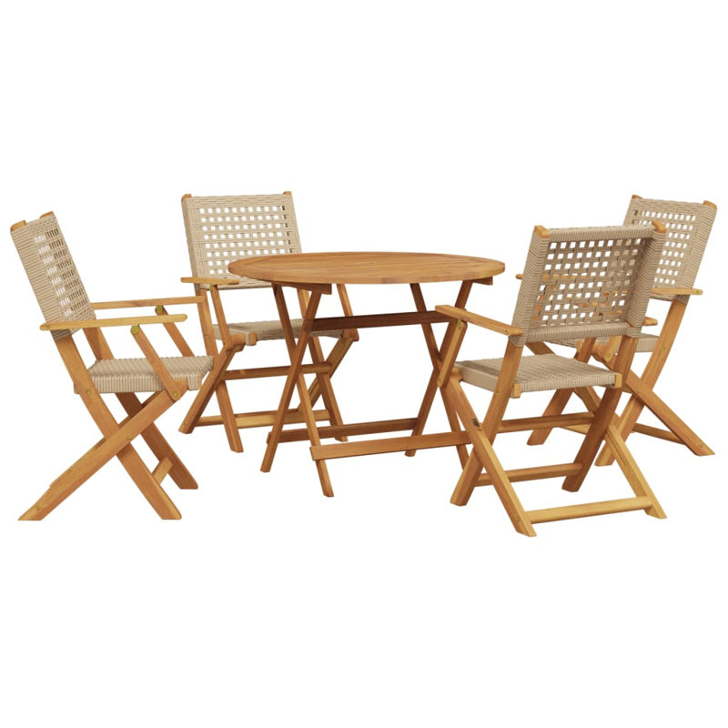 5 Piece Garden Dining Set Poly Rattan And Solid Wood, Beige
