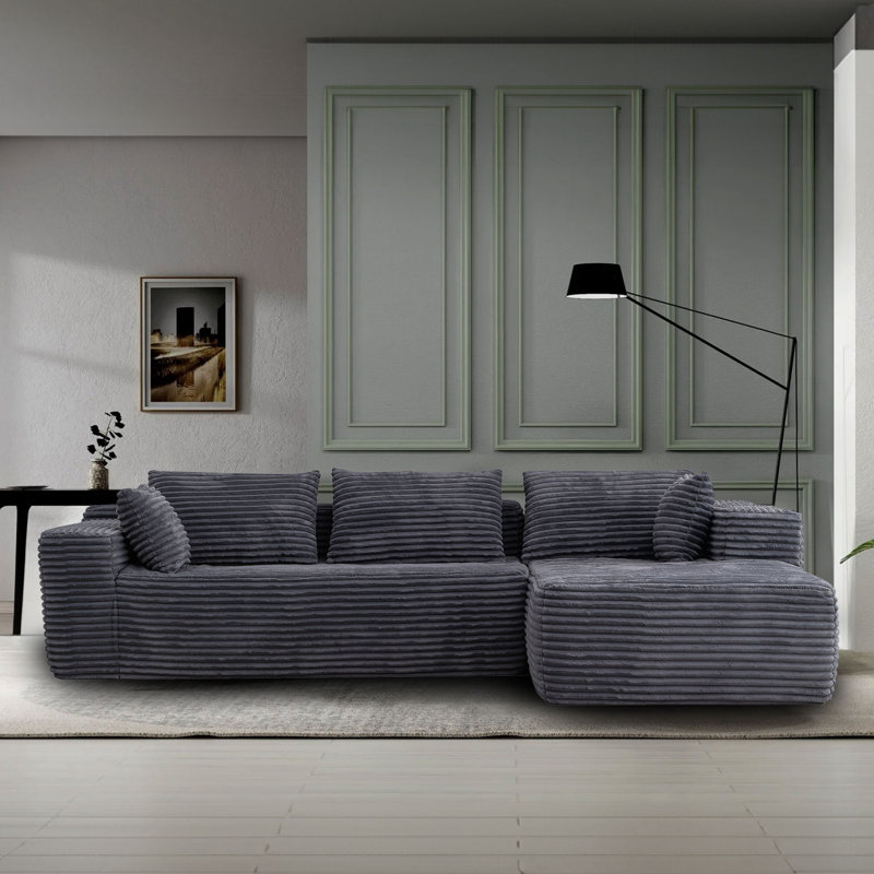 Canapé modulaire 2 pièces Torruella, Velours côtelé noir, Accoudoir à droite (vu de face)