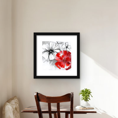 Red & White Flowers Sketch - Contemporary Framed Print Decor