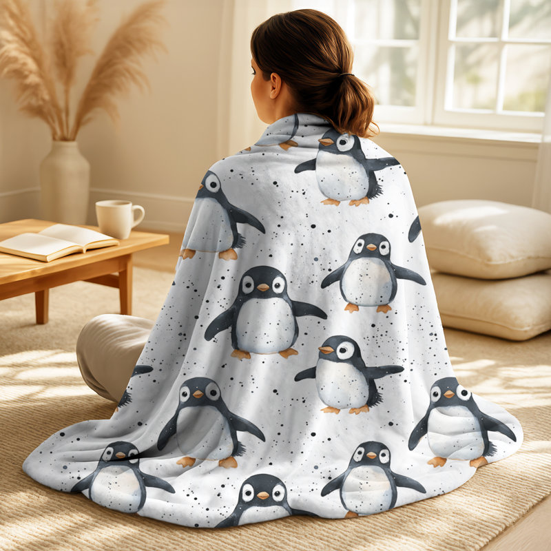 Soft Penguins I - Couverture pour enfant en peluche à imprimé animal noir, jeté en molleton, Black/White Animals 1