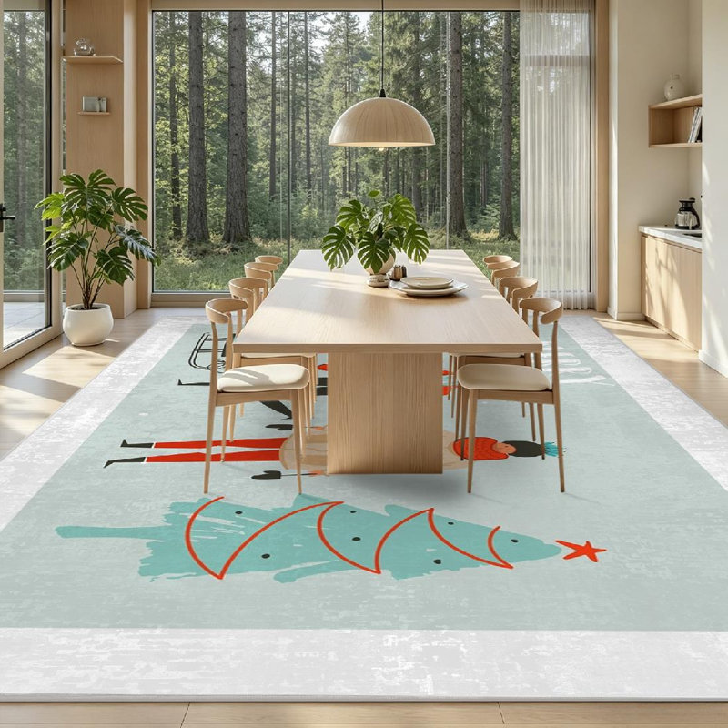 Tapis intérieur rouge lavable à la machine, motif abstrait amusant dessiné à la main., Rectangle 71" x 98"