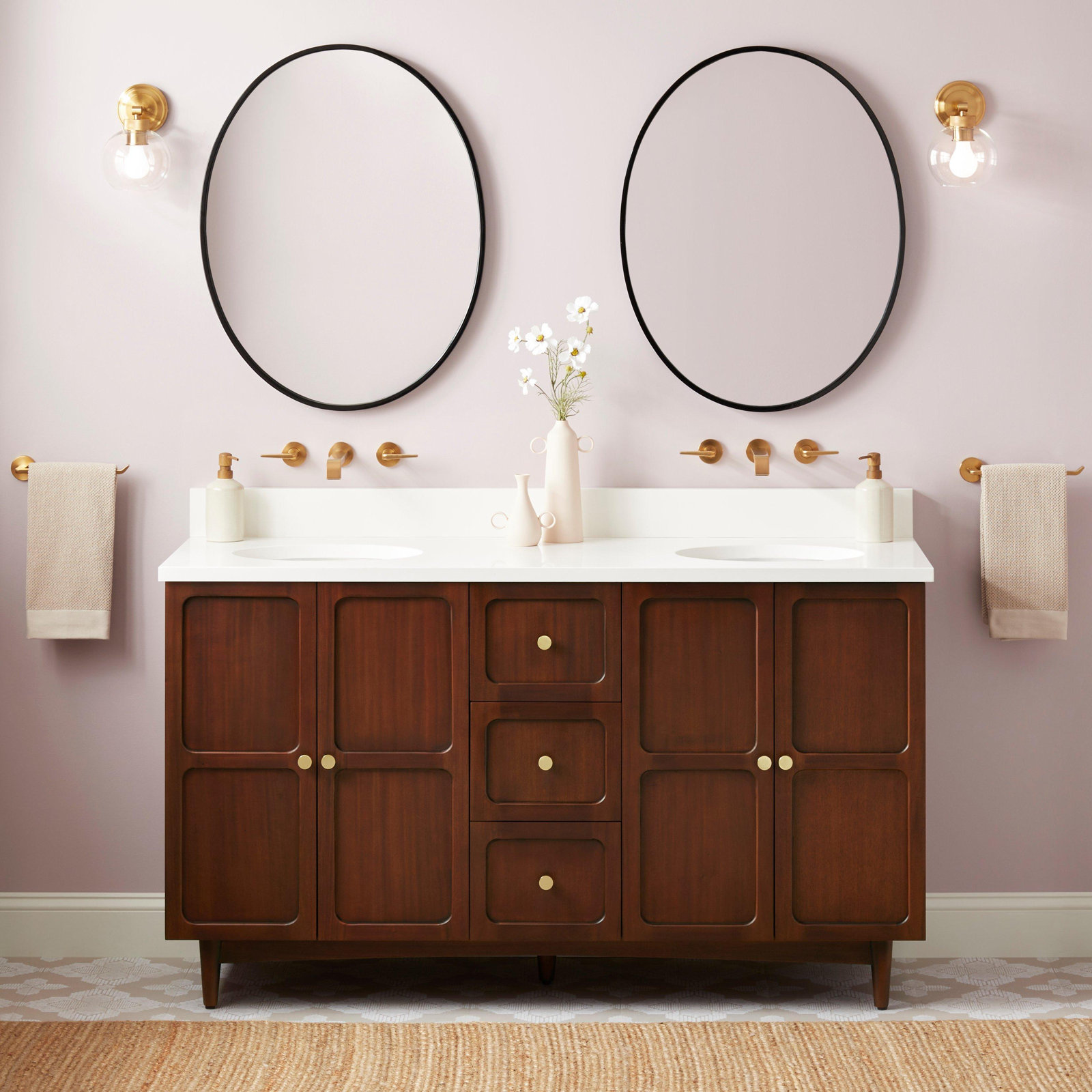Delavan 72" Mahogany Double Bathroom Vanity, Feathered White Quartz, 72"