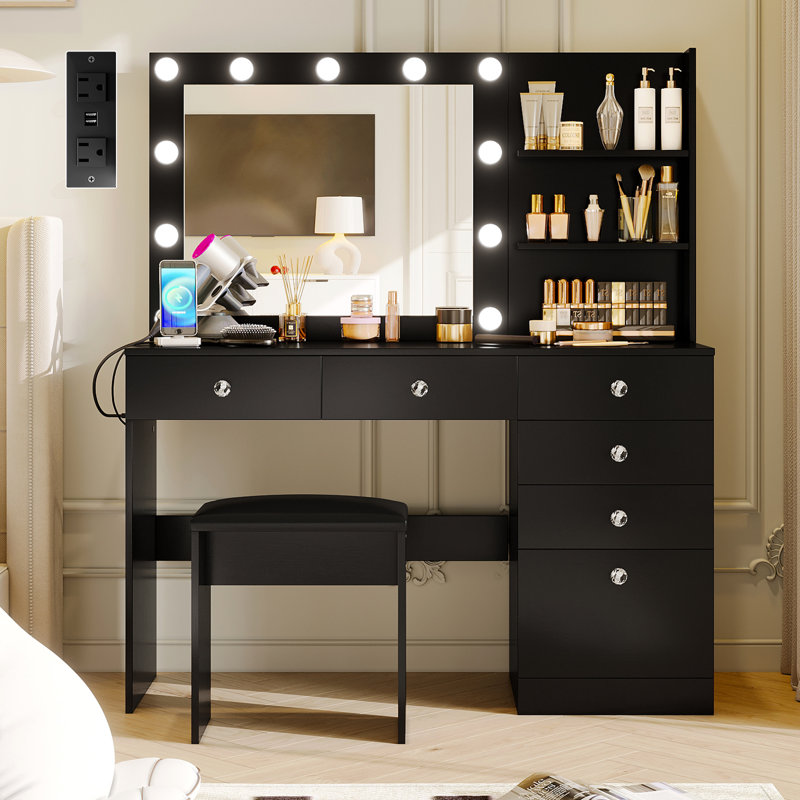 Coiffeuse Greyden avec miroir lumineux, prises de courant et 6 tiroirs, Noir