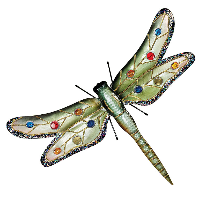 Oversized Green Dragonfly Metal Wall Sculpture with Glass Accents