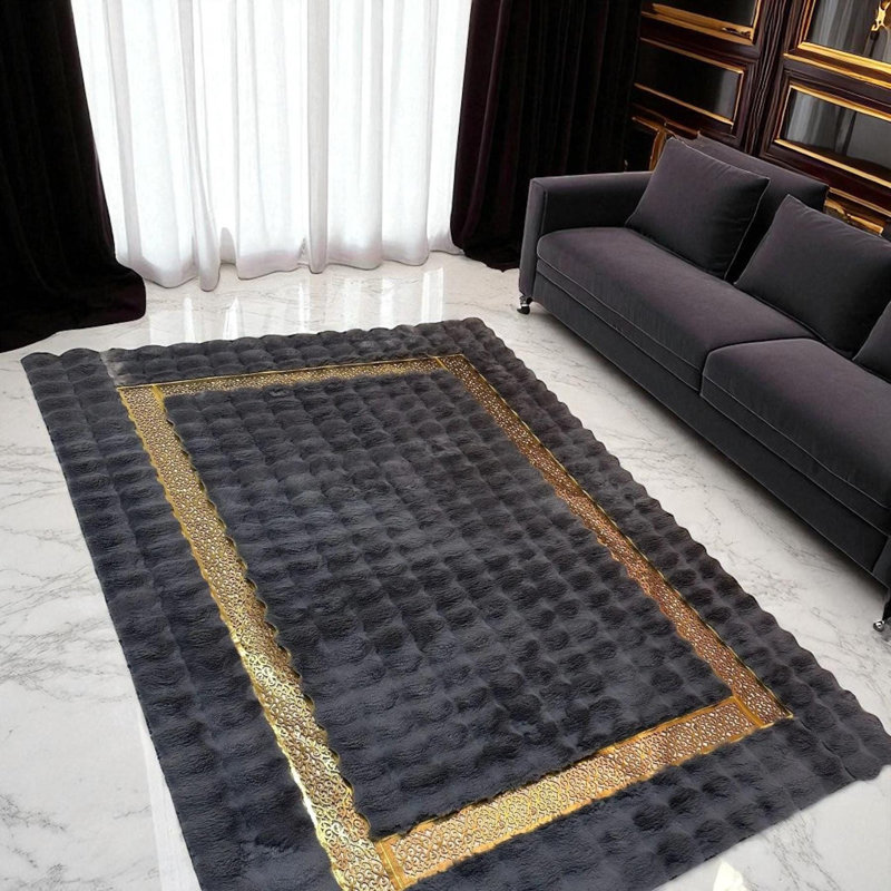 Tapis moderne gris foncé moelleux avec bordure dorée - élégant tapis en fausse fourrure pour salon, Rectangle 10 pi x 14 pi