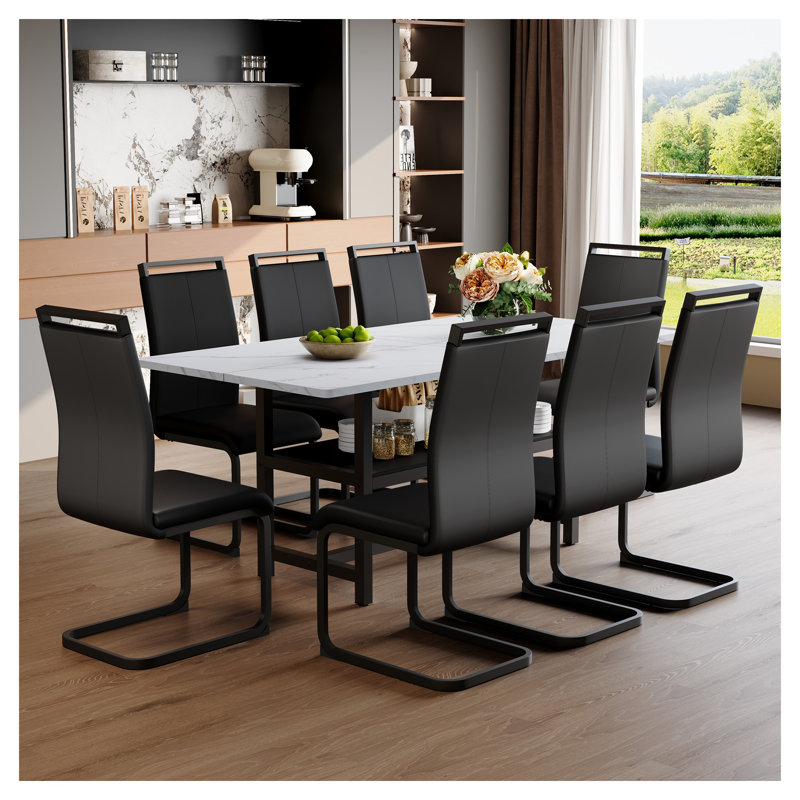 Ensemble de table de salle à manger 71 "aspect marbre moderne avec tablette de rangement et 8 chaises en similicuir